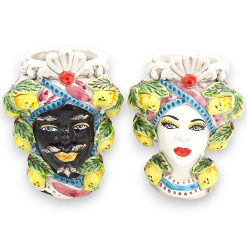 Tête de maure Moresca en céramique de Caltagirone h environ 20 cm (1pc) avec frise, feuilles et citrons en relief MD2 - 