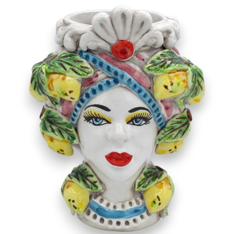 Testa di moro Moresca in ceramica Caltagirone h 20 cm ca. (1pz) con fregio, foglie e limoni a rilievo MD2 - 