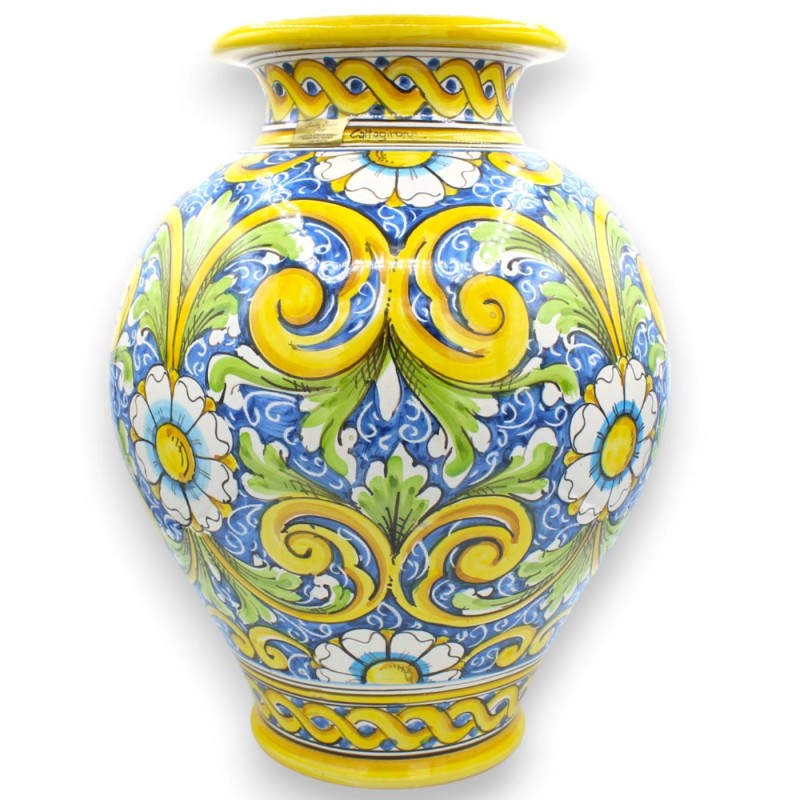 Vaso a Palla h 40 x Ø 30 cm ca. ceramica Caltagirone decoro Barocco con Fiori su fondo Blu - 