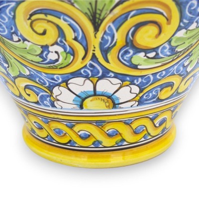 Vaso a Palla h 40 x Ø 30 cm ca. ceramica Caltagirone decoro Barocco con Fiori su fondo Blu - 