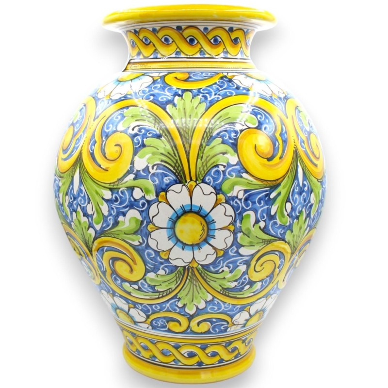 Vaso a Palla h 40 x Ø 30 cm ca. ceramica Caltagirone decoro Barocco con Fiori su fondo Blu - 