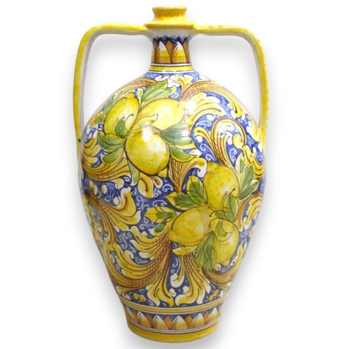 Vaso Quartara Bummulo h 50 x Ø 30 cm aprox. Cerâmica Caltagirone Decoração barroca e limões sobre fundo azul - 