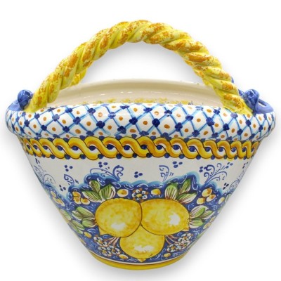 Coffa Siciliana in ceramica Caltagirone, L 45 x h 40 cm ca. Manici Torchon, decoro Limoni e treccia - 