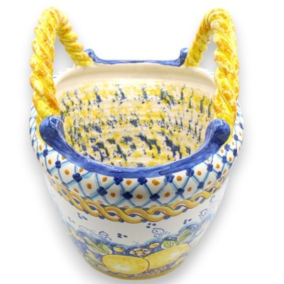 Coffa Siciliano em cerâmica Caltagirone, C 45 x h 40 cm aprox. Cabos de tocha, decoração com limão e trança - 
