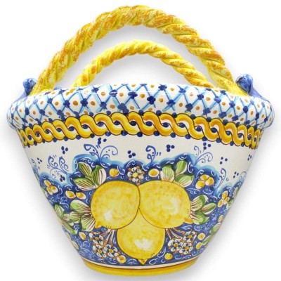 Coffa Siciliana in ceramica Caltagirone, L 45 x h 40 cm ca. Manici Torchon, decoro Limoni e treccia - 