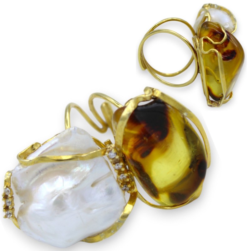 Bague en argent 925 plaqué or, taille réglable, avec perle Scaramazza, ambre et zircons - 