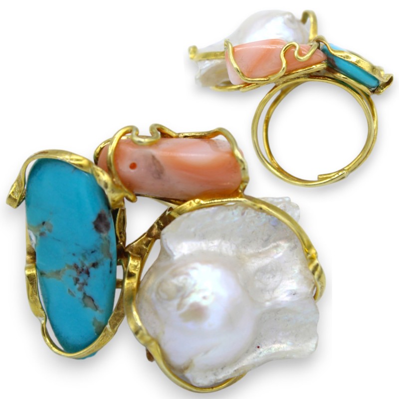 Guldpläterad 925 silverring, justerbar storlek, med Scaramazza Pearl, turkos och rosa korall - 