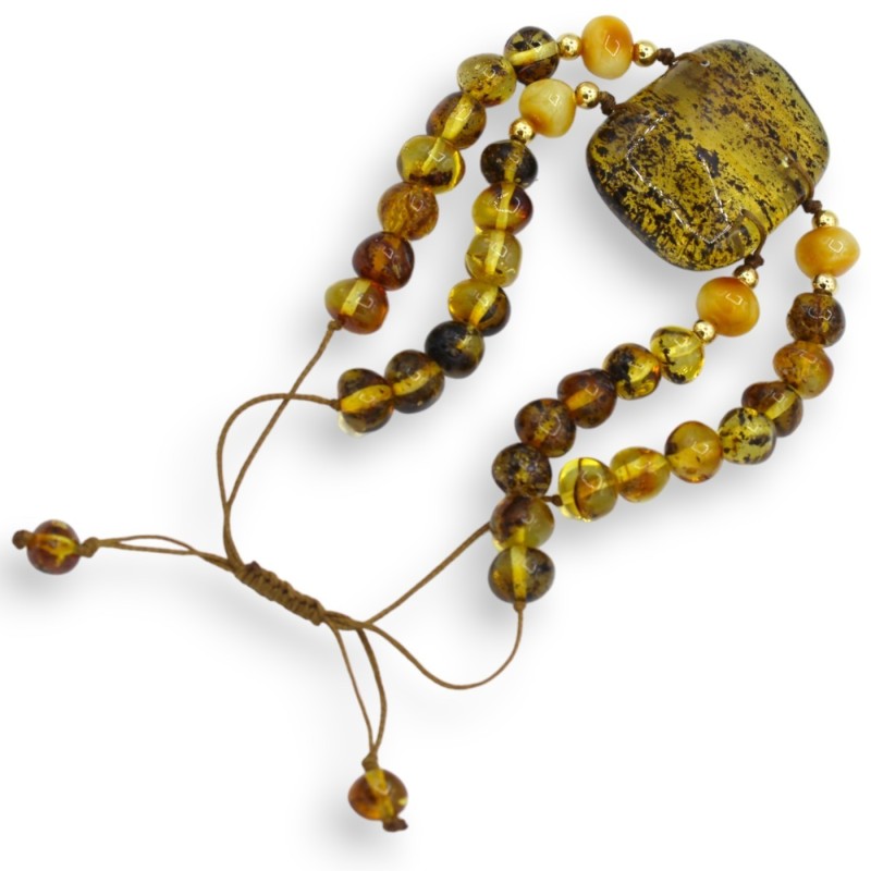 Bracciale doppio filo sfere d'Ambra con Cabochon centrale - L 24 cm ca. con cordoncino Regolabile - 