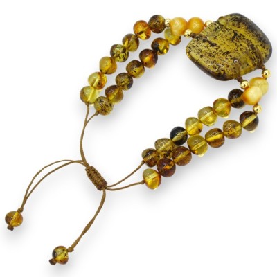 Bracciale doppio filo sfere d'Ambra con Cabochon centrale - L 24 cm ca. con cordoncino Regolabile - 