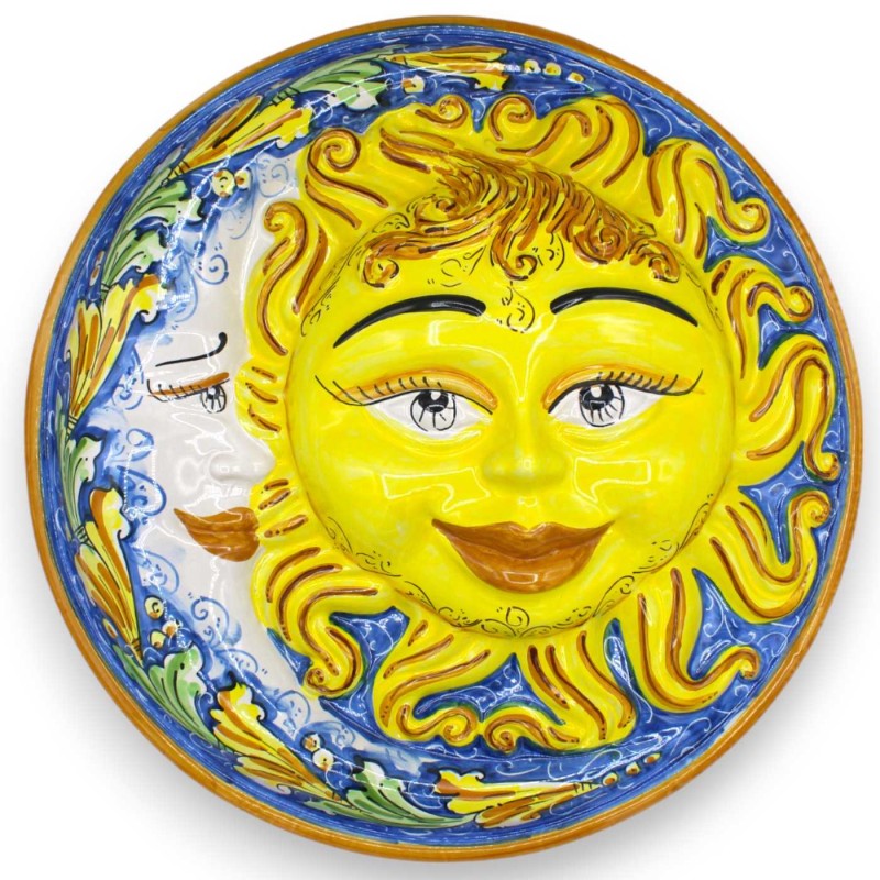 Eclipse, Sol y Luna en cerámica Caltagirone - Ø aprox. con decoración barroca sobre fondo azul - 