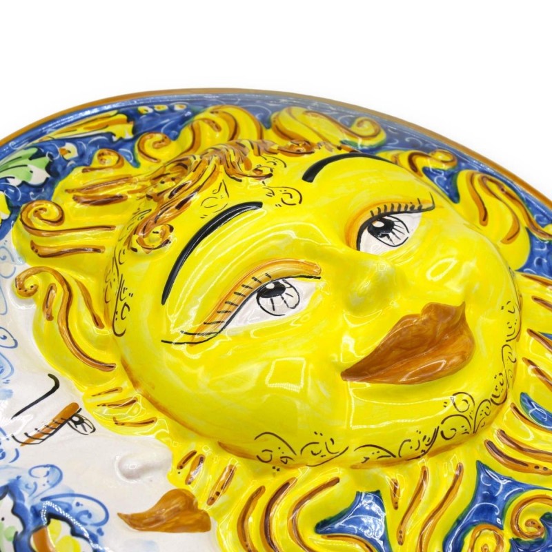 Eclipse, Sol y Luna en cerámica Caltagirone - Ø aprox. con decoración barroca sobre fondo azul - 