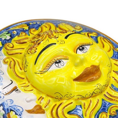 Eclipse, Zon en Maan in Caltagirone keramiek - Ø ca. 40 cm met barokke decoratie op een blauwe achtergrond - 