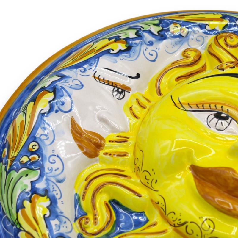 Eclissi, Sole e Luna in ceramica Caltagirone - Ø 43 cm ca. con decoro Barocco su fondo Blu - 