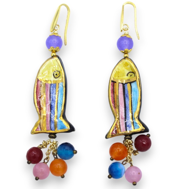 Caltagirone ceramic earrings, fish - h 9 cm approx. with Natural stones and 24k pure gold enamel - 