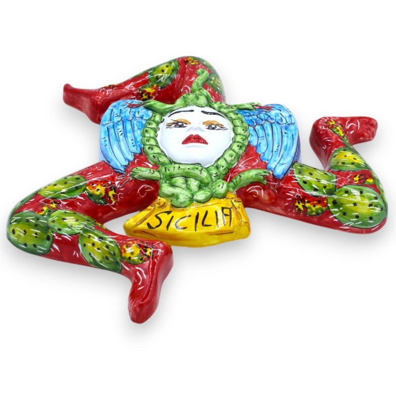 Trinacria in pregiata ceramica Siciliana, h 36 cm ca. Rosso, decoro Fichidindia - 