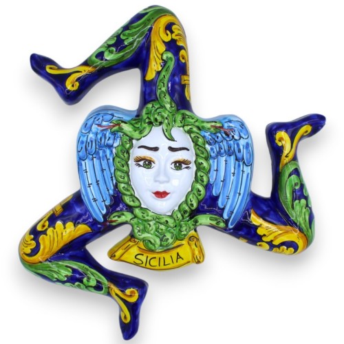Trinacria en céramique fine sicilienne, environ 36 cm de haut. Décoration baroque bleue, jaune/verte - 
