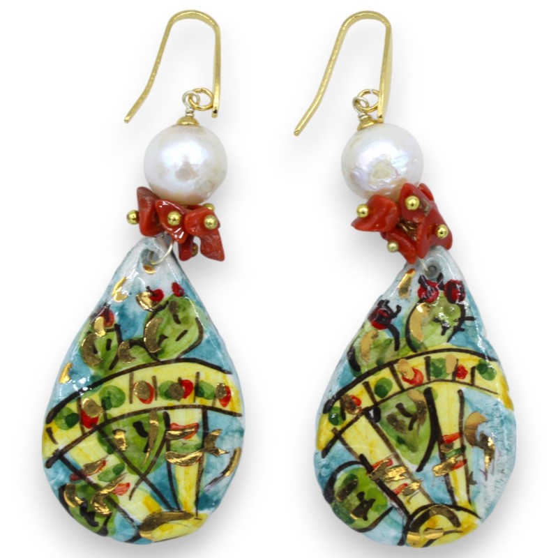 Caltagirone ceramic earrings, prickly pear shovel - h 7 cm approx. Scaramozza pearl, coral and 24k pure gold enamel - 