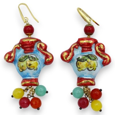 Orecchini Anfora in Ceramica Caltagirone - h 8 cm ca. Pietre Naturali e smalto oro zecchino 24k - 