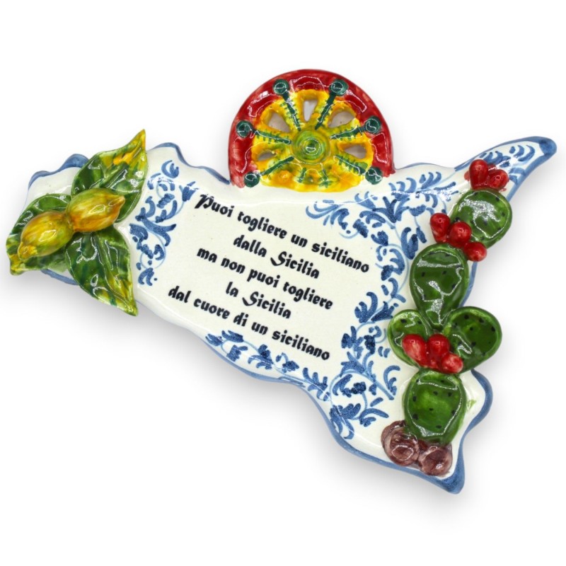 Ceramic Sicily with Phrase, L 20 x 14 cm approx. Applications of Fruit and Prickly Pear Blades - 