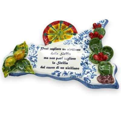 Sicile en céramique avec phrase, L 20 x 14 cm environ. Applications des lames de fruits et de figues de Barbarie - 