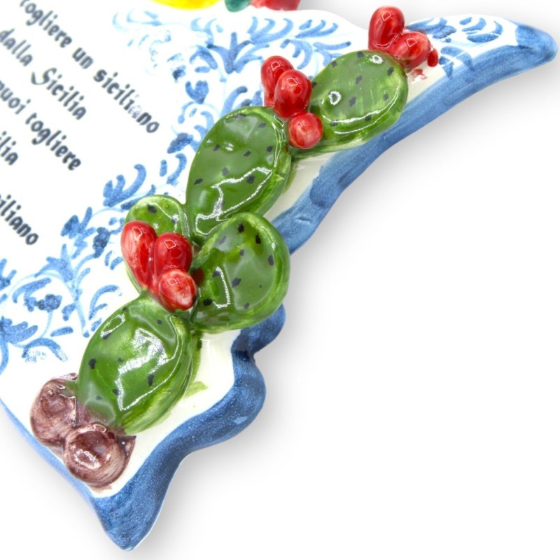 Sicilia de cerámica con frase, L 20 x 14 cm aprox. Aplicaciones de las hojas de frutas y tunas - 