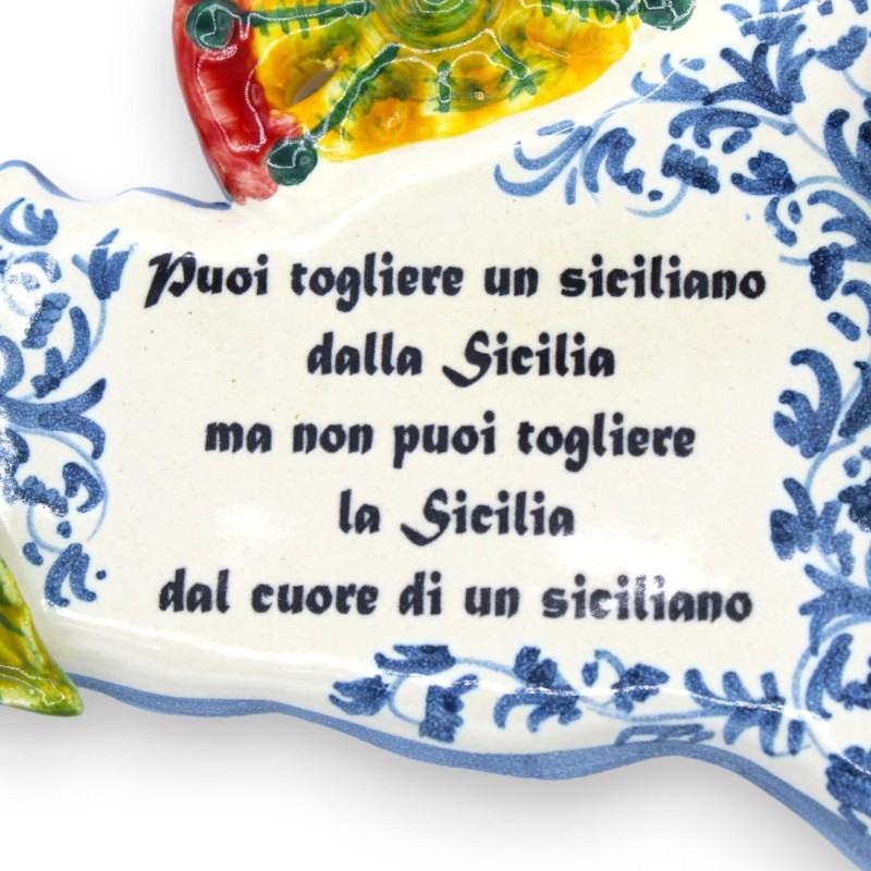 Cerâmica Sicília com Frase, L 20 x 14 cm aprox. Aplicações de lâminas de frutas e figos da Índia - 