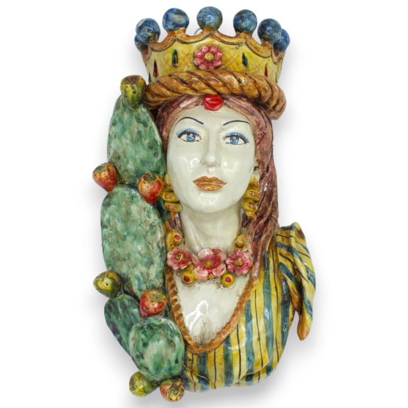 Muurschildering buste van een vrouw met kroon en cactusvijg (om op te hangen) ca. h 32 cm. Caltagirone-keramiek - 