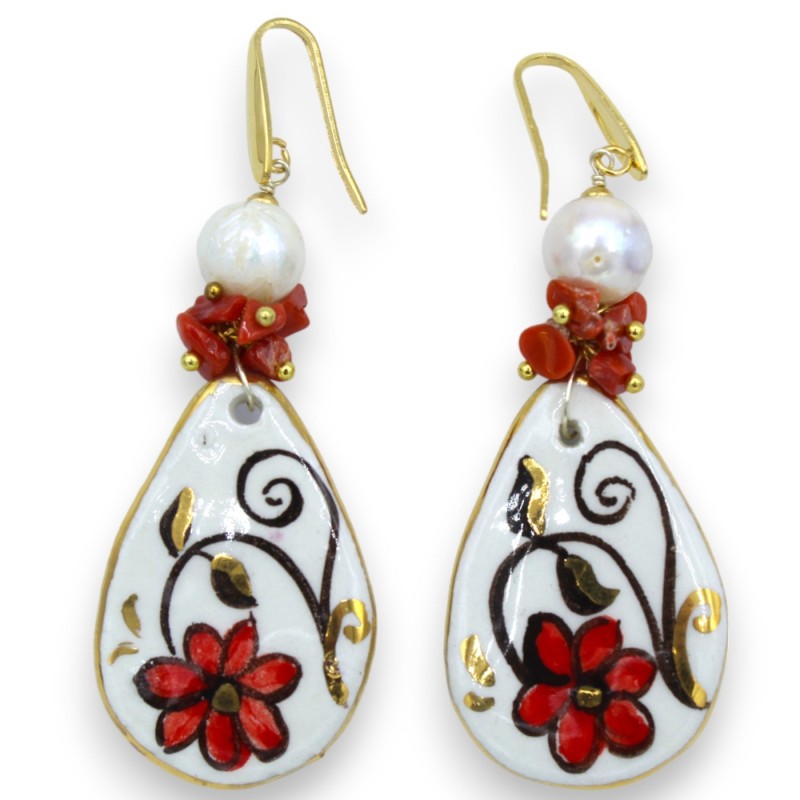 Caltagirone ceramic earrings, white prickly pear shovel - h 7 cm approx. Scaramazza pearl, coral and 24k pure gold ename