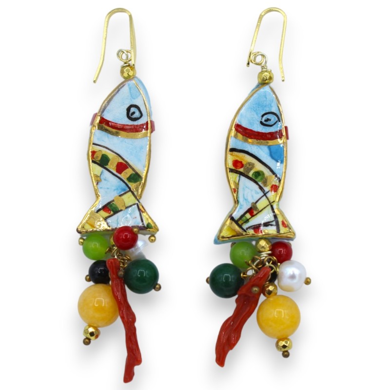 Caltagirone ceramic earrings, fish - h 9 cm approx. with scaramazze pearls, coral and 24k pure gold enamel - 