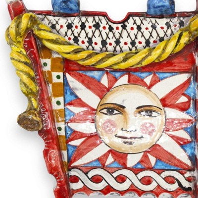 Sponda di Carretto Siciliano, ceramica Caltagirone, L 40 x h 25 cm ca. decoro Sole e Luna, fondo a scacchi e corda - 