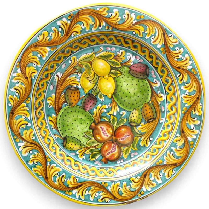 Placa de aba ornamental, cerâmica Caltagirone Ø aprox. decoração barroca e frutas, fundo verdete - 