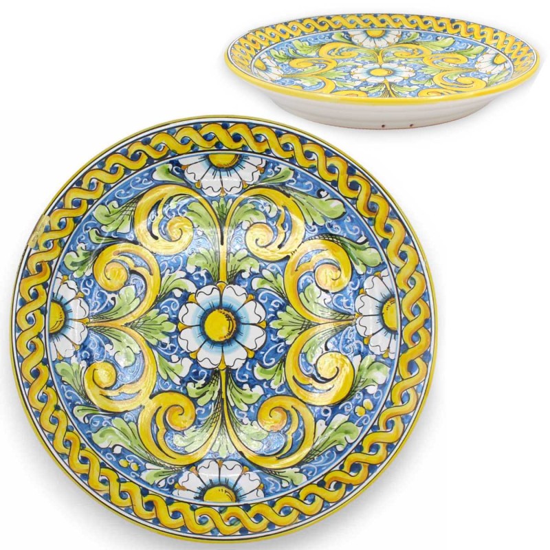 Caltagirone ceramic ornamental plate - Ø approx. 37 cm Baroque and floral decoration with braid - 