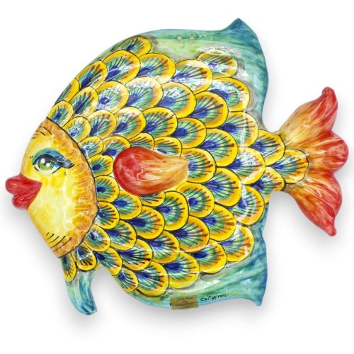 Flacher Wandfisch, Caltagirone-Keramik, L ca. 40 cm. (1 Stück) zwei Modelloptionen und Pfauendekoration - 