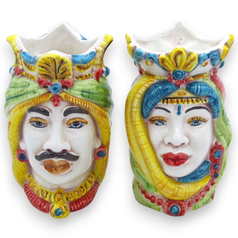 Sicilian dark brown heads with crown and turban (pair) h 13 / 14 cm approx. Caltagirone MD23 ceramic - 