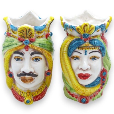 Têtes siciliennes marron foncé avec couronne et turban (paire) h 13 / 14 cm environ. Caltagirone MD23 céramique - 