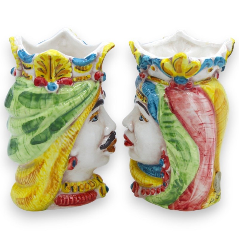 Sicilian dark brown heads with crown and turban (pair) h 13 / 14 cm approx. Caltagirone MD23 ceramic - 