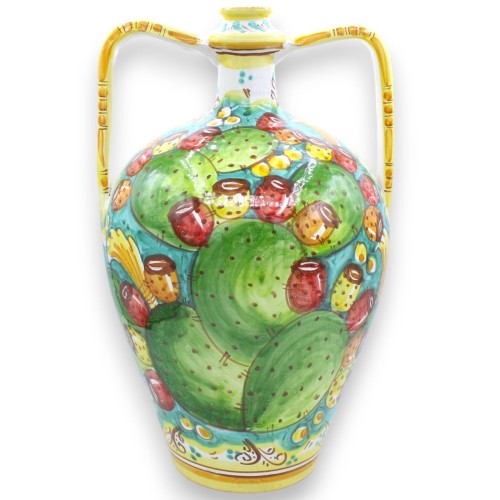 Vase Quartara en céramique de Caltagirone avec anses, environ h 40 cm. Décor de figue de Barbarie pâle sur fond vert de 