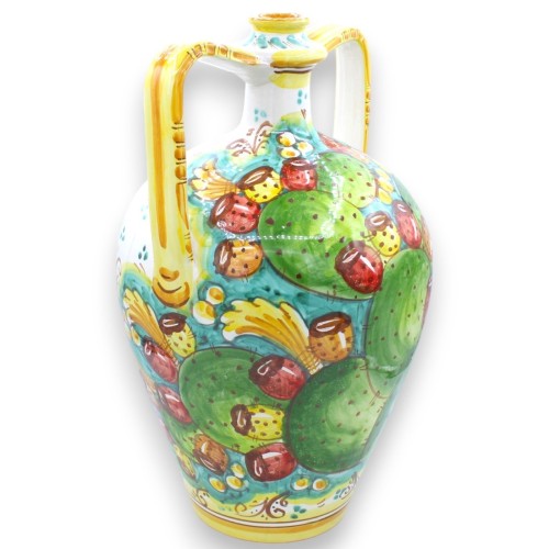 Vase Quartara en céramique de Caltagirone avec anses, environ h 40 cm. Décor de figue de Barbarie pâle sur fond vert de  2