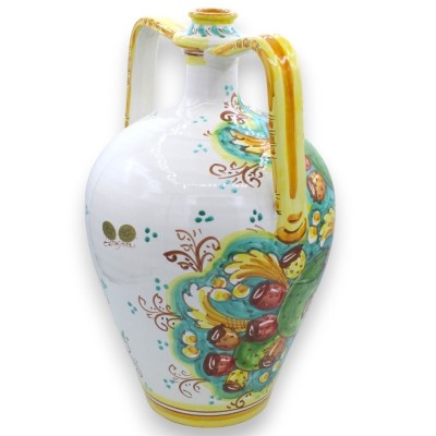 Quartara-Vase aus Caltagirone-Keramik mit Henkeln, ca. 40 cm hoch. Helle Feigenkaktus-Dekoration auf Grünspan-Hintergrun