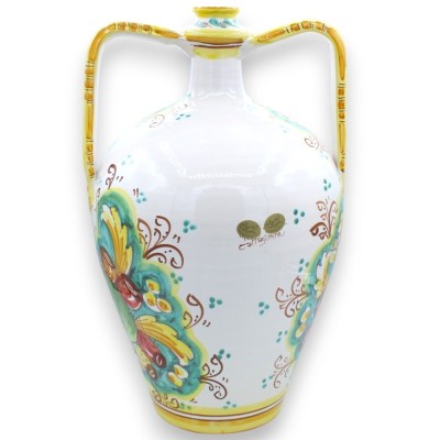 Quartara-Vase aus Caltagirone-Keramik mit Henkeln, ca. 40 cm hoch. Helle Feigenkaktus-Dekoration auf Grünspan-Hintergrun