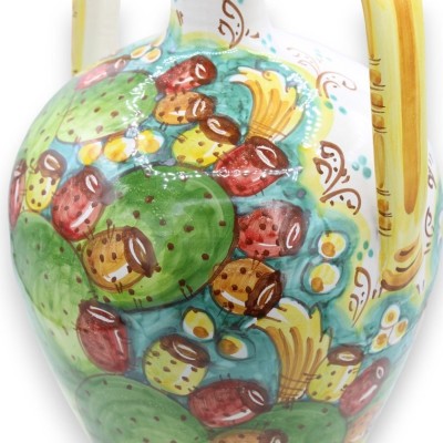 Vase Quartara en céramique de Caltagirone avec anses, environ h 40 cm. Décor de figue de Barbarie pâle sur fond vert de 
