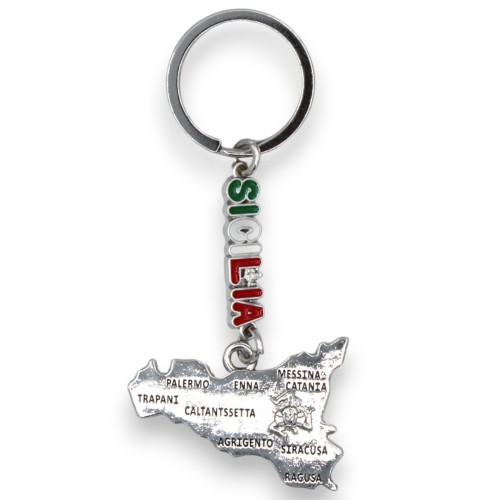 Stalowy brelok w kształcie Sycylii, grawerowane miasta - ok. 11 cm. (1 szt.) MD1 - 