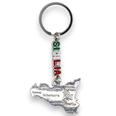 Stalen sleutelhanger in de vorm van Sicilië, gegraveerde steden - ca. h 11 cm. (1 st) MD1 - 