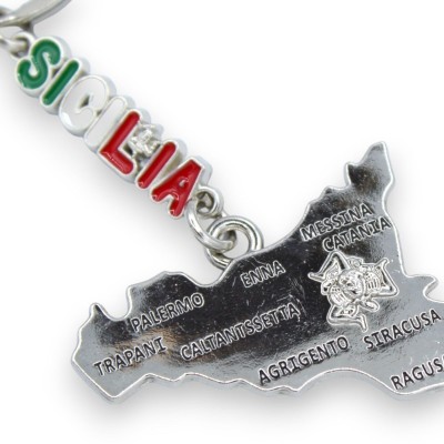Stalen sleutelhanger in de vorm van Sicilië, gegraveerde steden - ca. h 11 cm. (1 st) MD1 - 