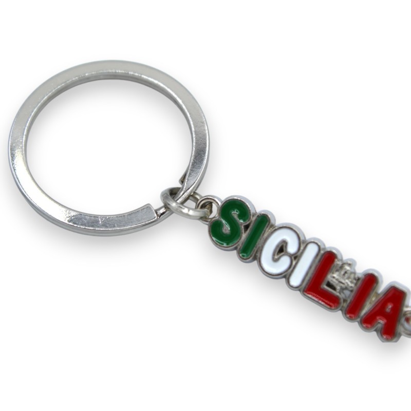 Stalen sleutelhanger in de vorm van Sicilië, gegraveerde steden - ca. h 11 cm. (1 st) MD1 - 