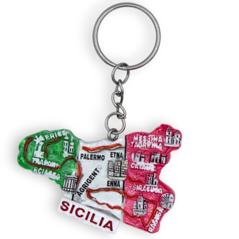 Hars sleutelhanger in de vorm van Sicilië, met de namen van de steden - h ca. 8 cm. (1 st) MD3 - 