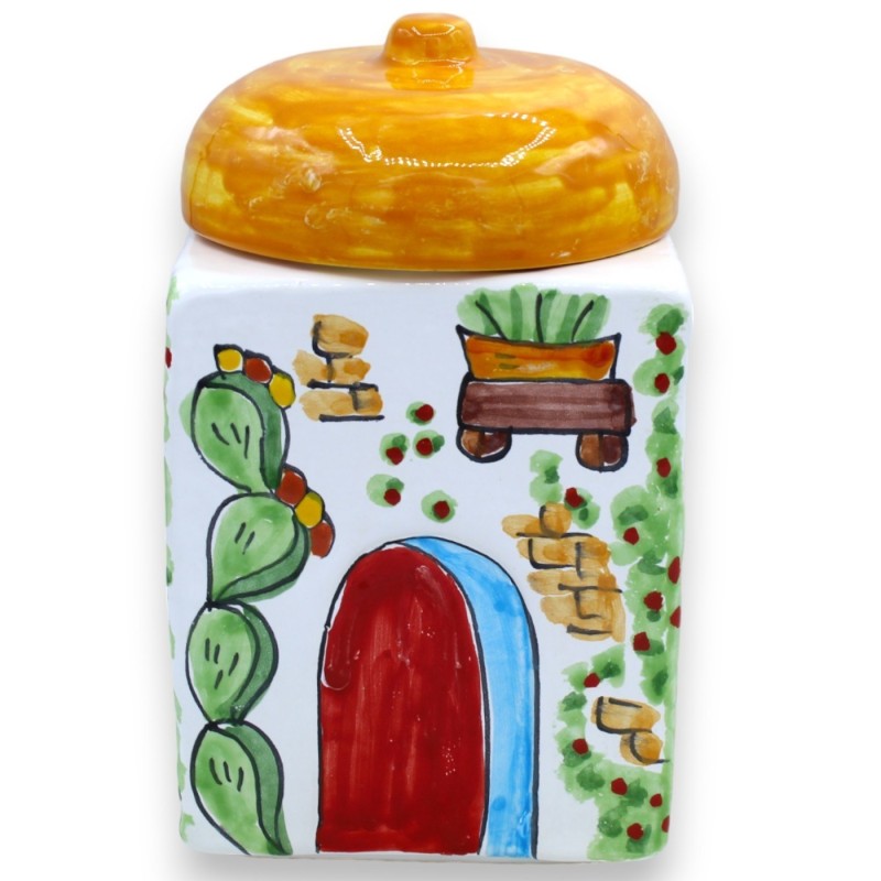 Biscottiera Barattolo con coperchio a Cupola, in ceramica Siciliana, h 23 cm ca. Modello decoro Casa - 