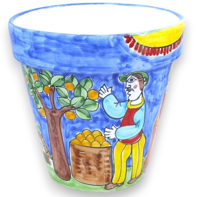 Vase aus feiner sizilianischer Keramik – Ø ca. 25 cm. Orangenernte-Dekoration - 