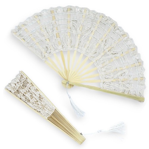 Ventaglio Artigianale in legno con Pizzo Macramè Avorio - h 27 x l 50 cm ca. - 