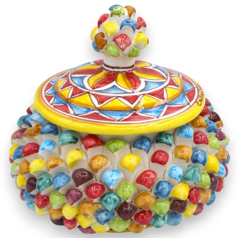 Pot à biscuits ou boîte à bijoux en pomme de pin sicilienne en céramique de Caltagirone, Ø 18 / 20 et h environ 18 cm. M